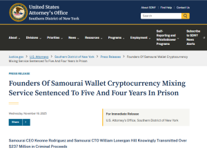 Samourai Wallet CTO, 20억 달러 규모의 비트코인 ​​세탁 계획으로 징역 4년 선고